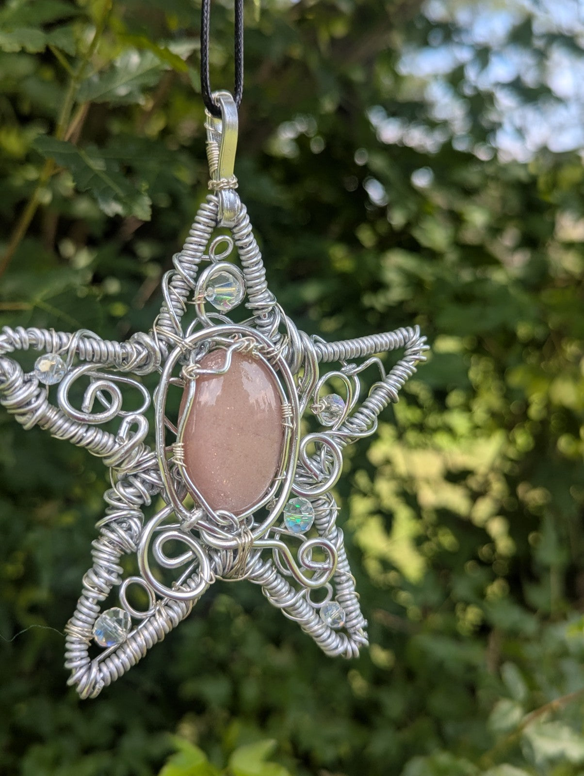Retro Peach Moonstone Star Shaped Wire Necklace, Wicca, Halloween, Costume