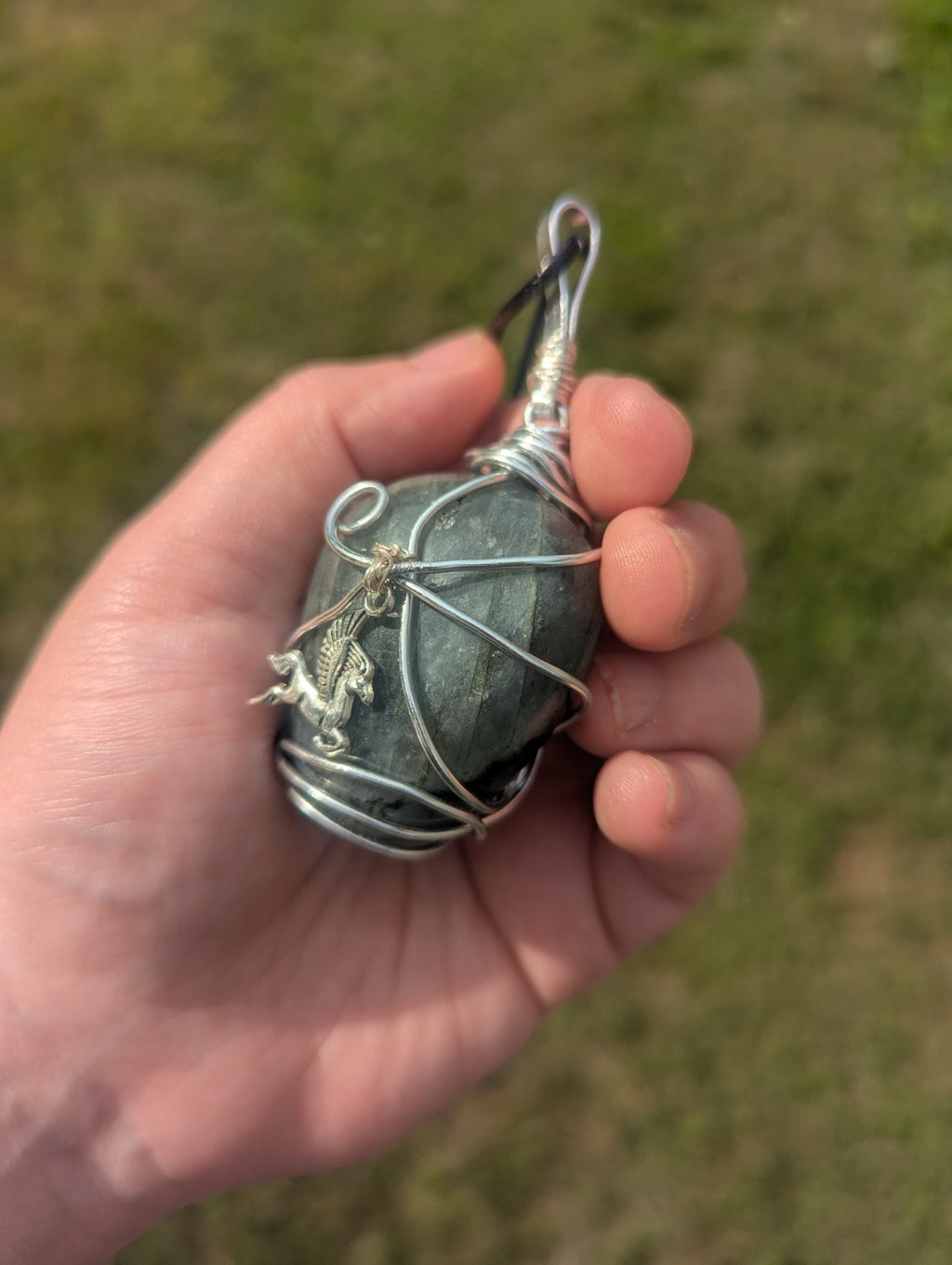 Labradorite Wirewrapped Necklace, Handmade Pendant With Pegasus Charm