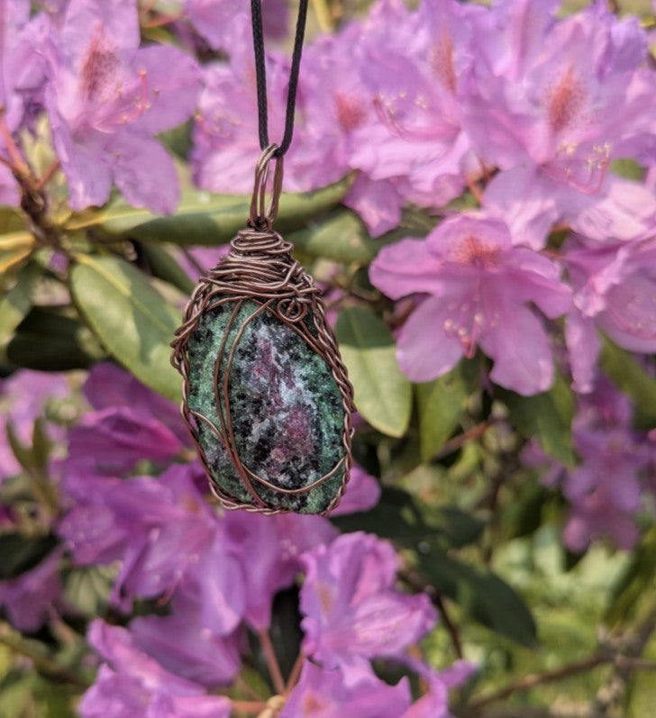 Natural Ruby in Zoisite Wirewrapped Necklace for Harmony and Balance