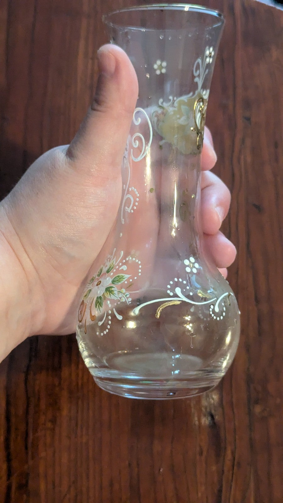 Vintage Glass Vase With Painted Flowers, Gold Accents And Designs, Home Decor