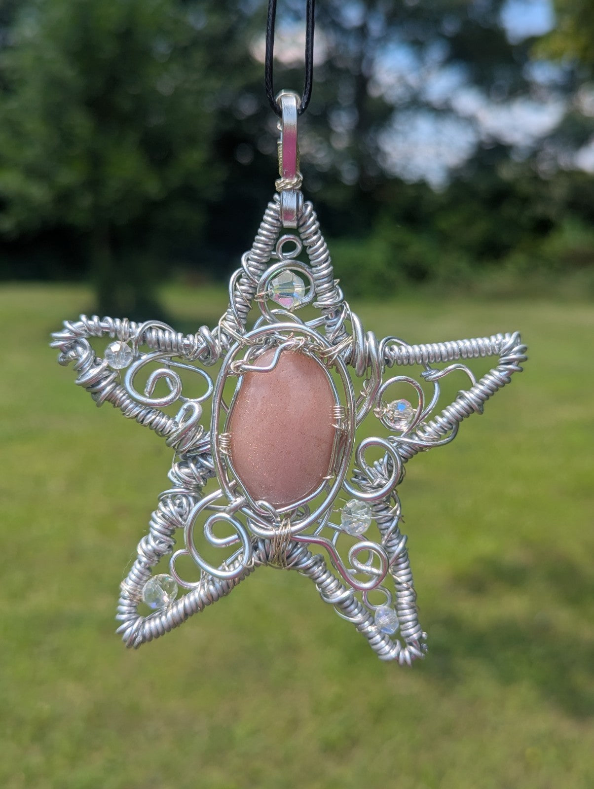Retro Peach Moonstone Star Shaped Wire Necklace, Wicca, Halloween, Costume