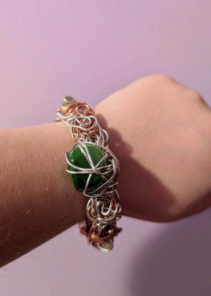 Cat's Eye and Green Jade Wire Bracelet For Luck and Protection