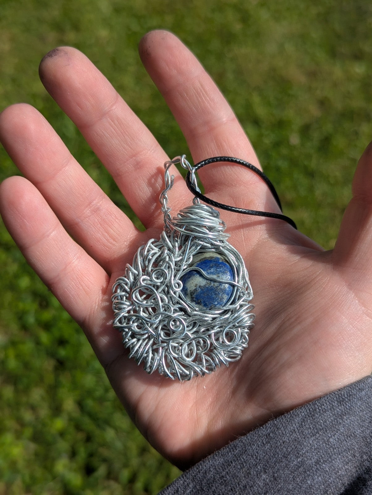 Lapis Lazuli Crescent Moon Wire Necklace for Wealth and Prosperity