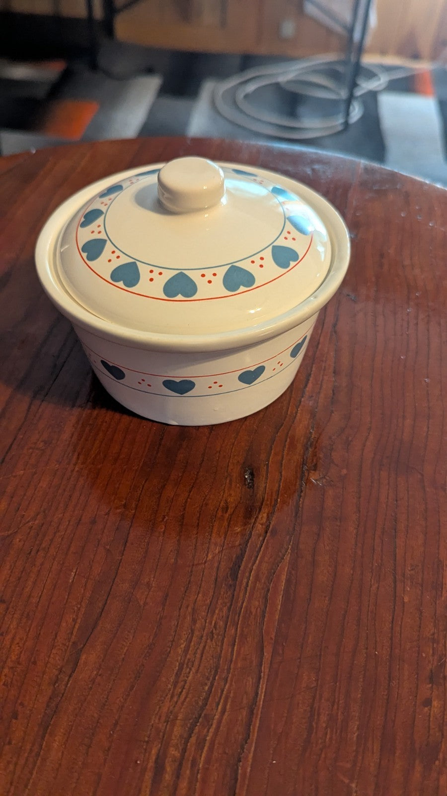Vintage Sugar Dish, White With Blue Hearts, Cottage & Country Home Design
