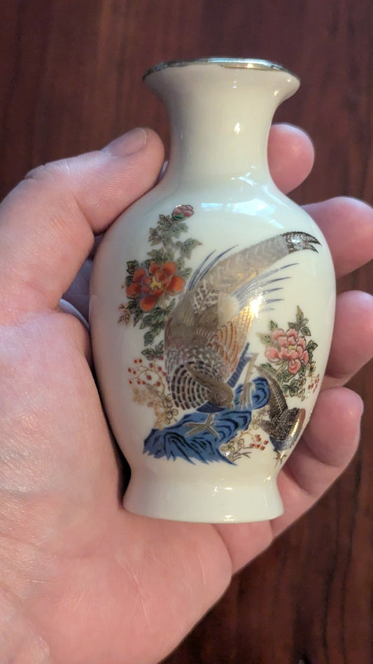 Small White Oriental Vase With Pheasants And Flowers | Crystal Arborist