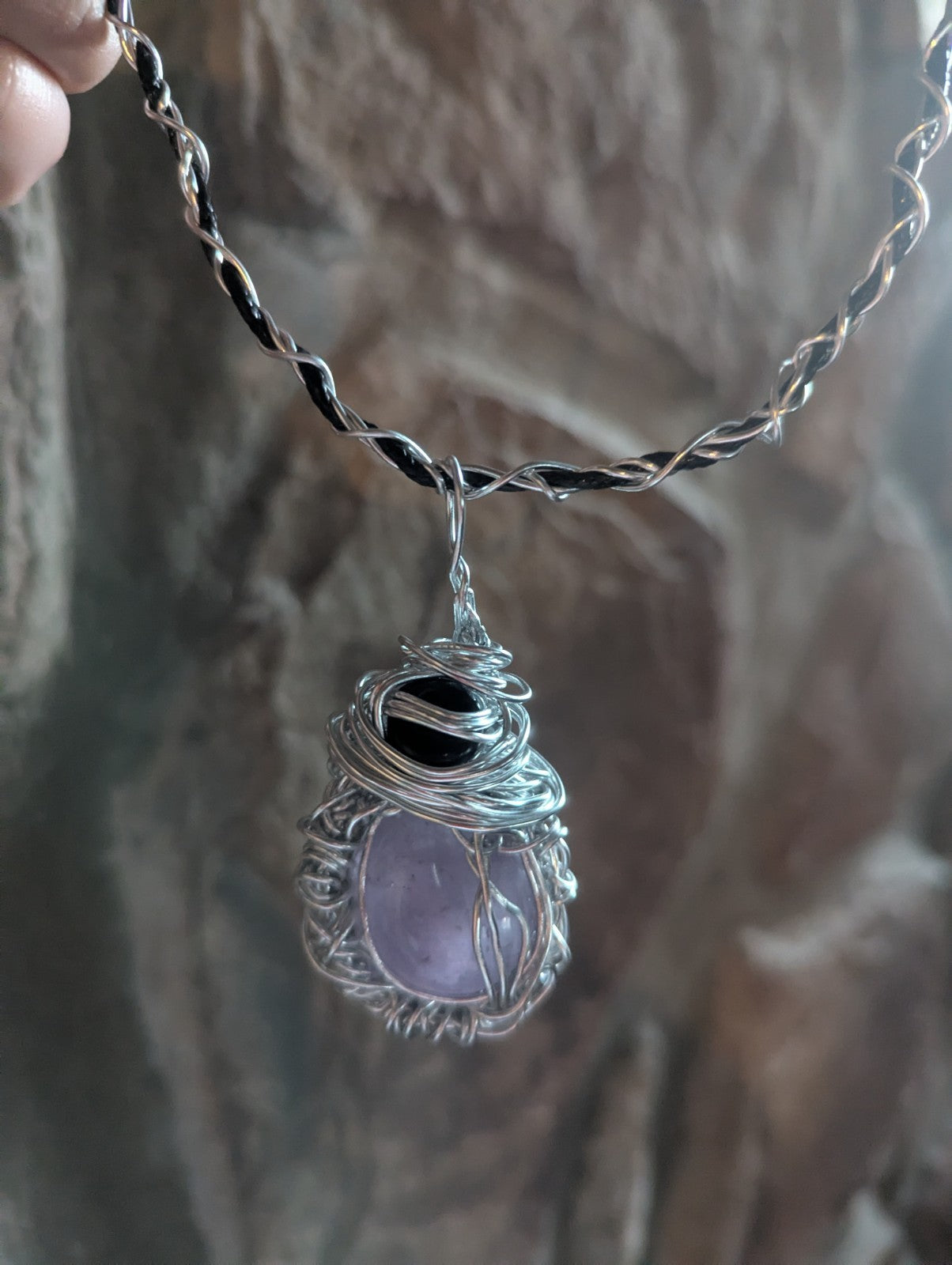 Amethyst and Obsidian Wire Wrapped Pendant, For Protection and Serenity