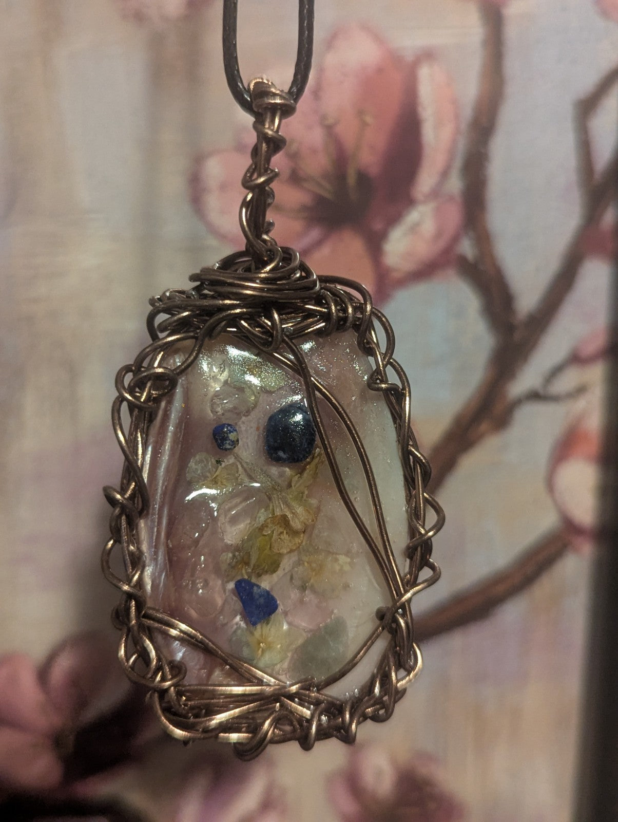 Wire Seashell Pendant, With Spring Flowers and Gemstones