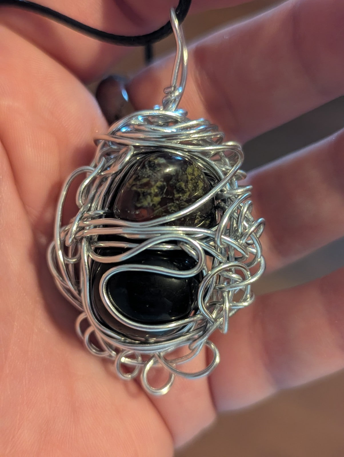 Dragon Blood Jasper and Obsidian Wirewrapped Pendant 