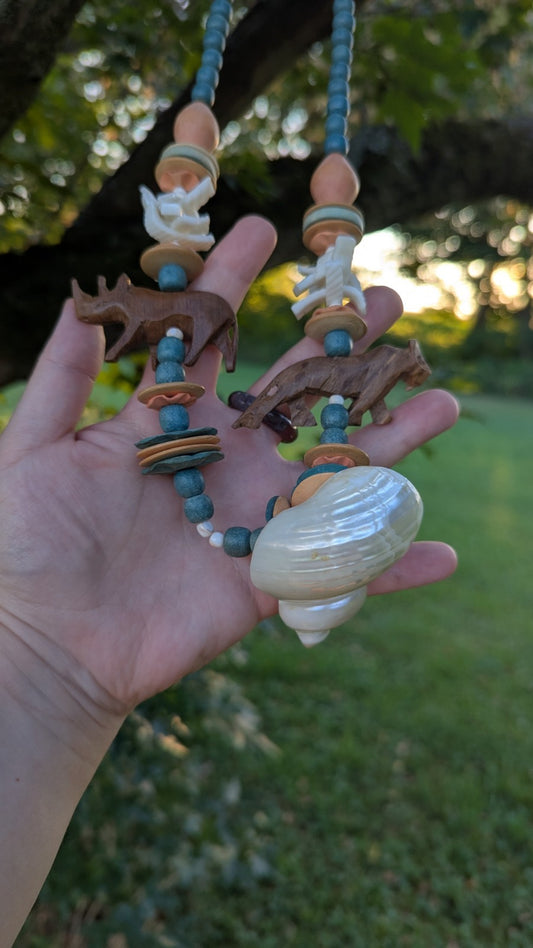 Vintage Necklace, Wooden Beads and Shells | Crystal Arborist