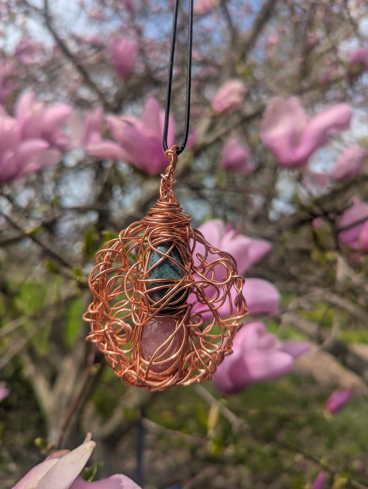 Africa Bloodstone and Cherry Quartz Wire Pendant For Balance and Harmony