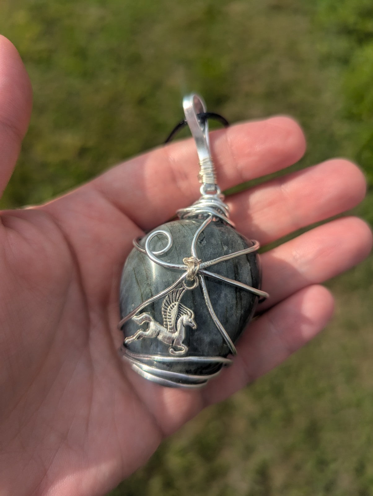 Labradorite Wirewrapped Necklace, Handmade Pendant With Pegasus Charm | Crystal Arborist