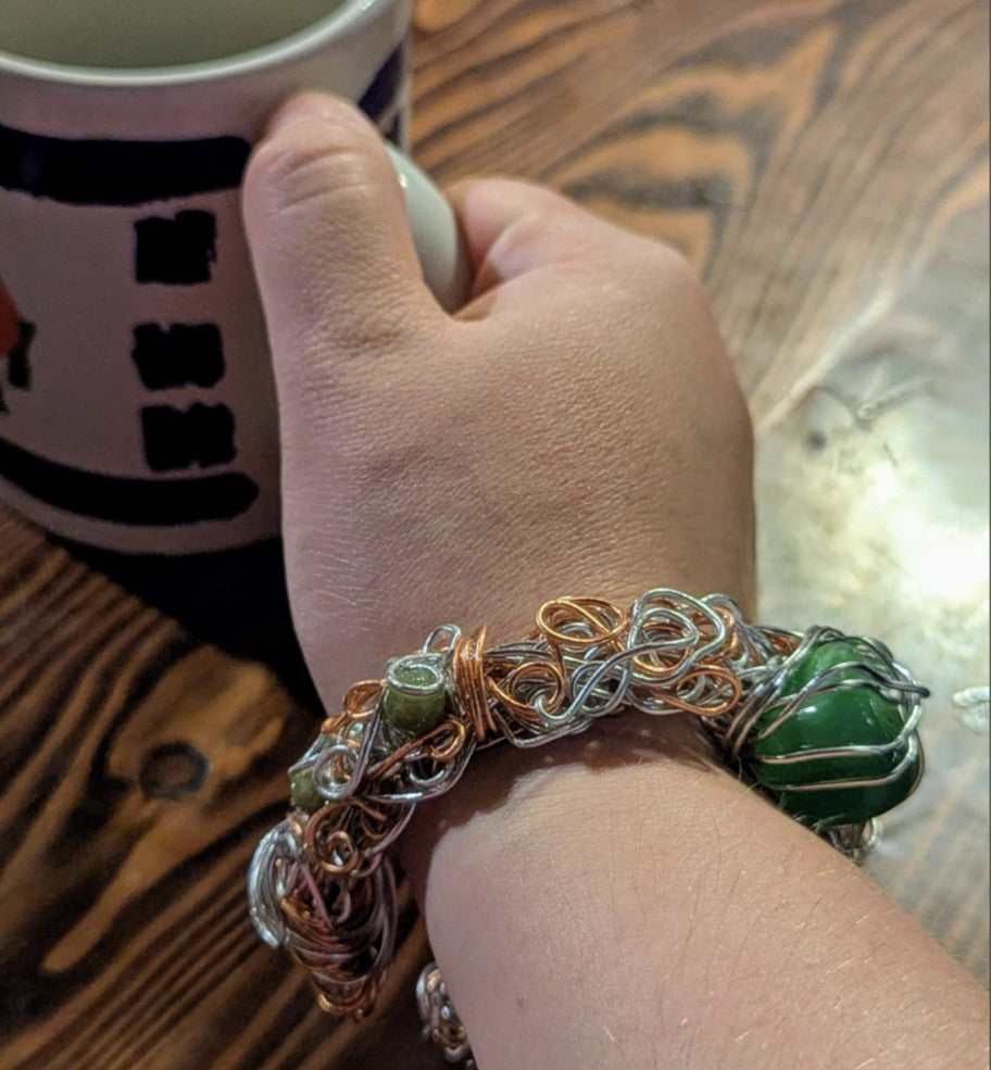Cat's Eye and Green Jade Wire Bracelet For Luck and Protection