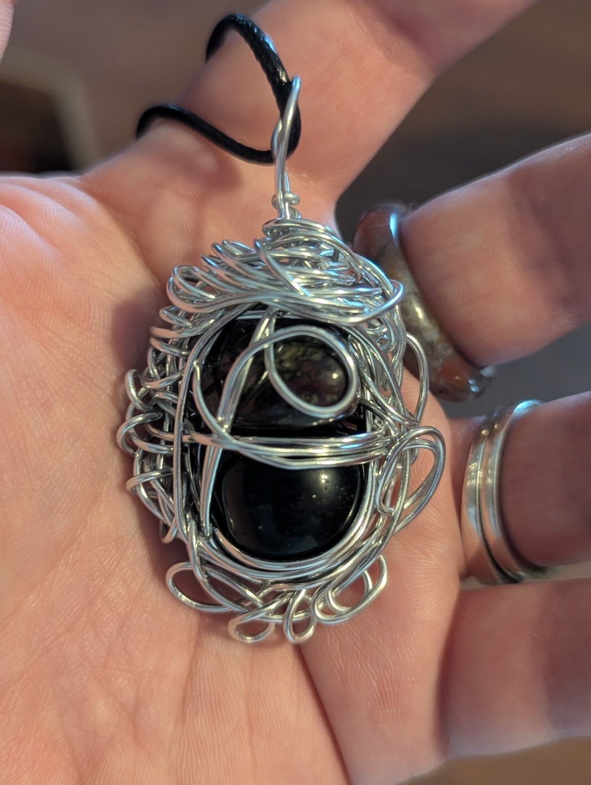 Dragon Blood Jasper and Obsidian Wirewrapped Pendant 