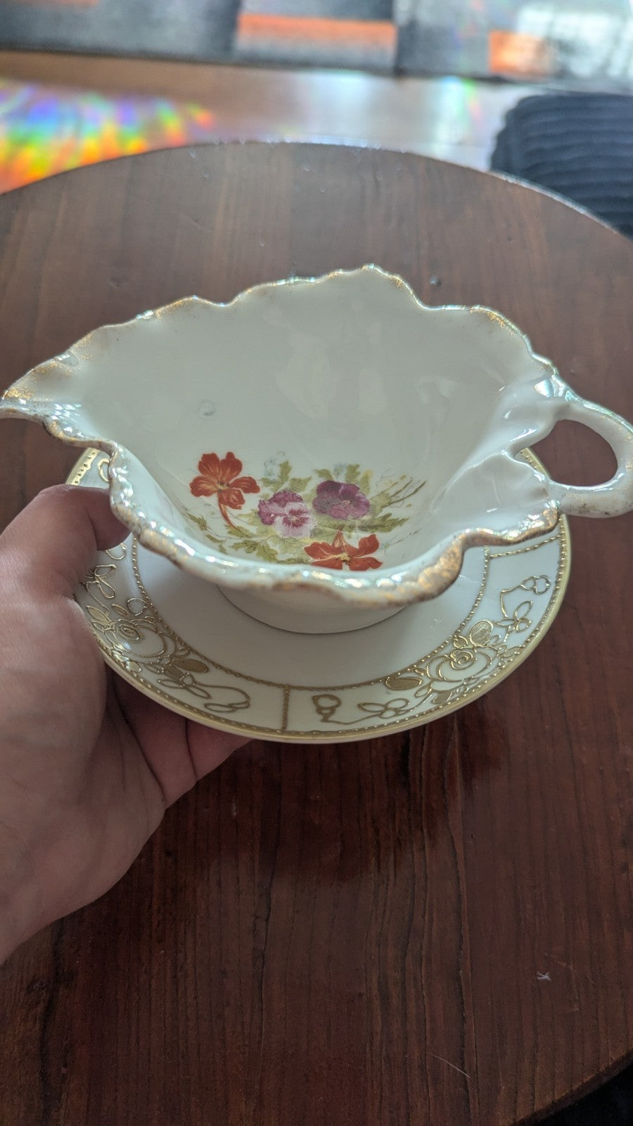 Vintage Gold Accented Leaf Shaped Gravy Serving Dish And Plate W/ Floral Design