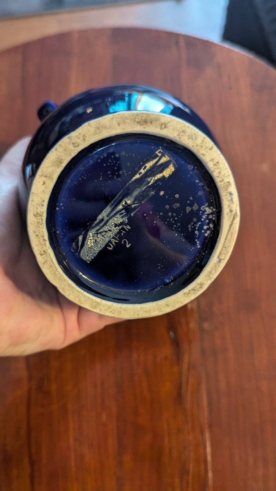 Vintage Kutani Japan Double Handled Hand Painted Cobalt Blue Ceramic Vase 6.5"
