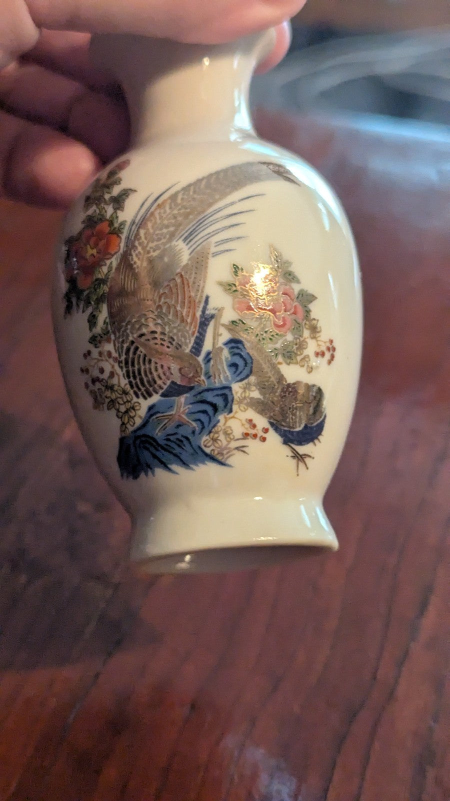 Small White Oriental Vase With Pheasants And Flowers