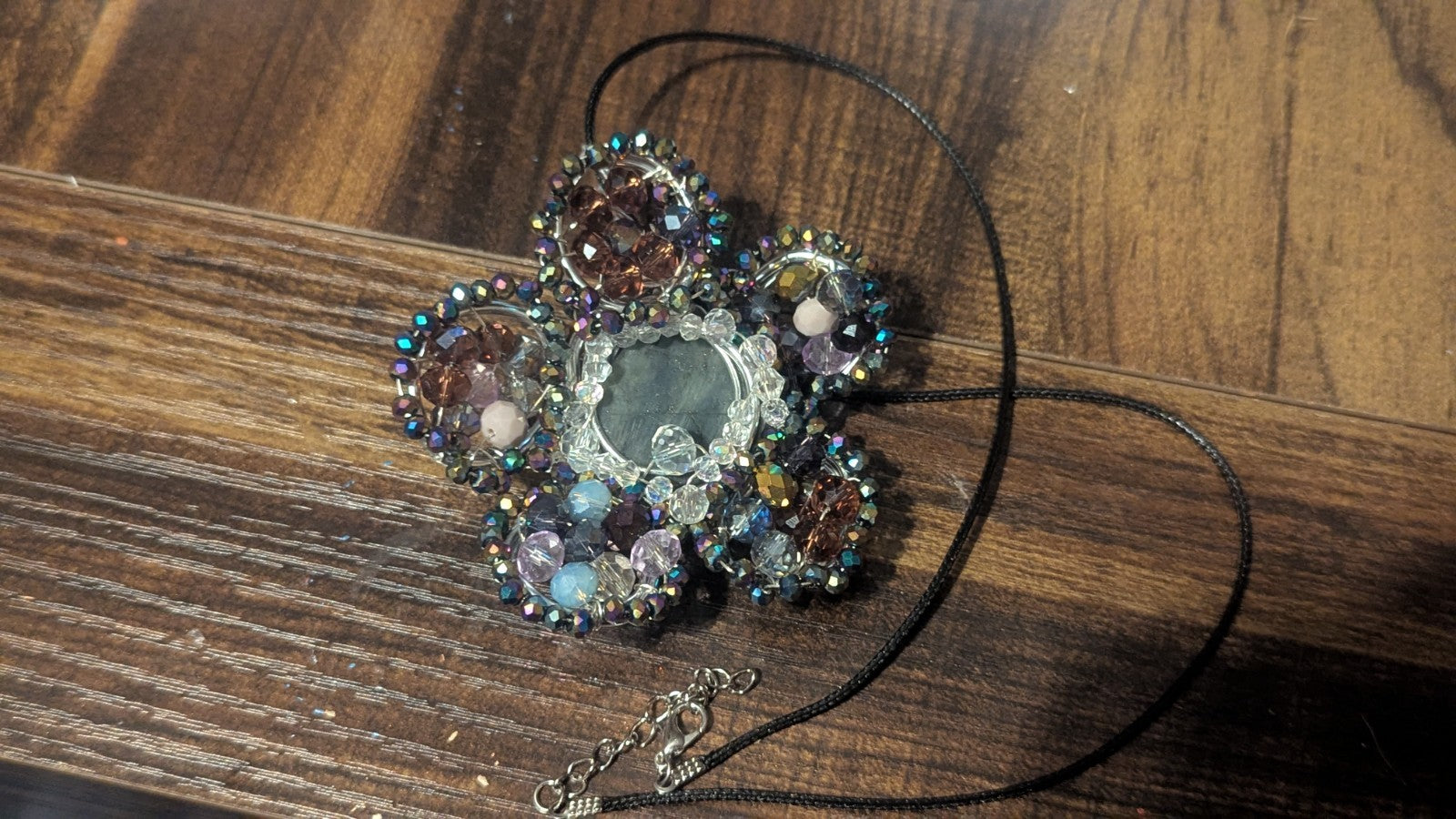 Labradorite Druzy Flower Necklace, Statement, Shines, Wirewrapped, Glass Beads