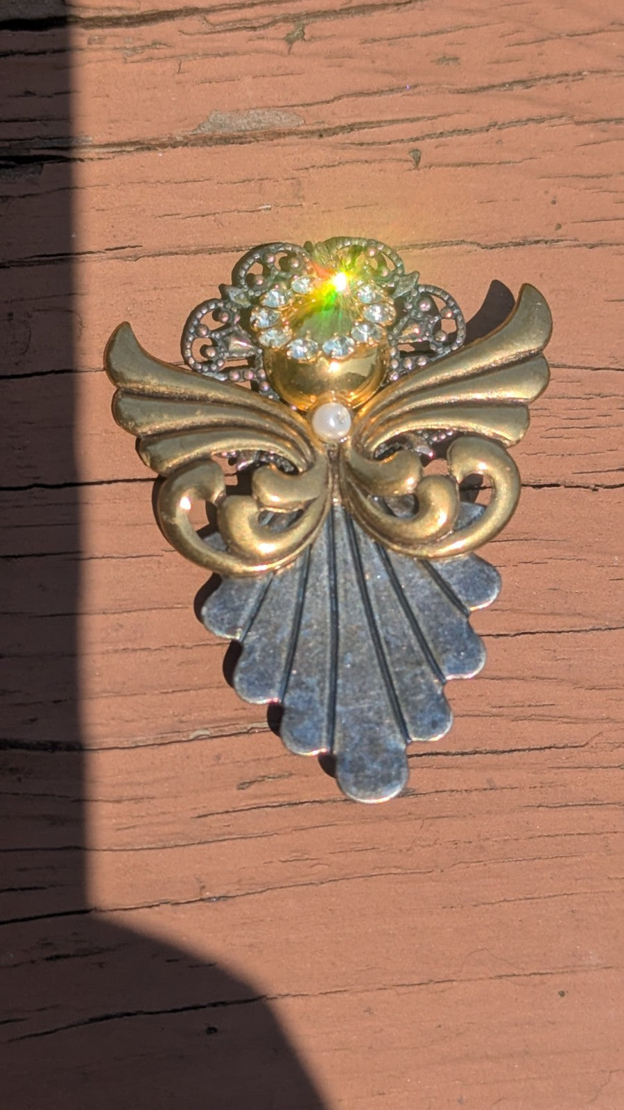 Vintage Gold and Silver Toned Angel With Rhinestones, Wearable Brooch