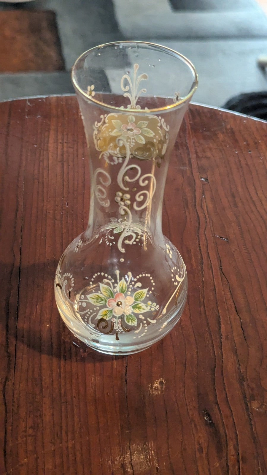 Vintage Glass Vase With Painted Flowers, Gold Accents And Designs, Home Decor