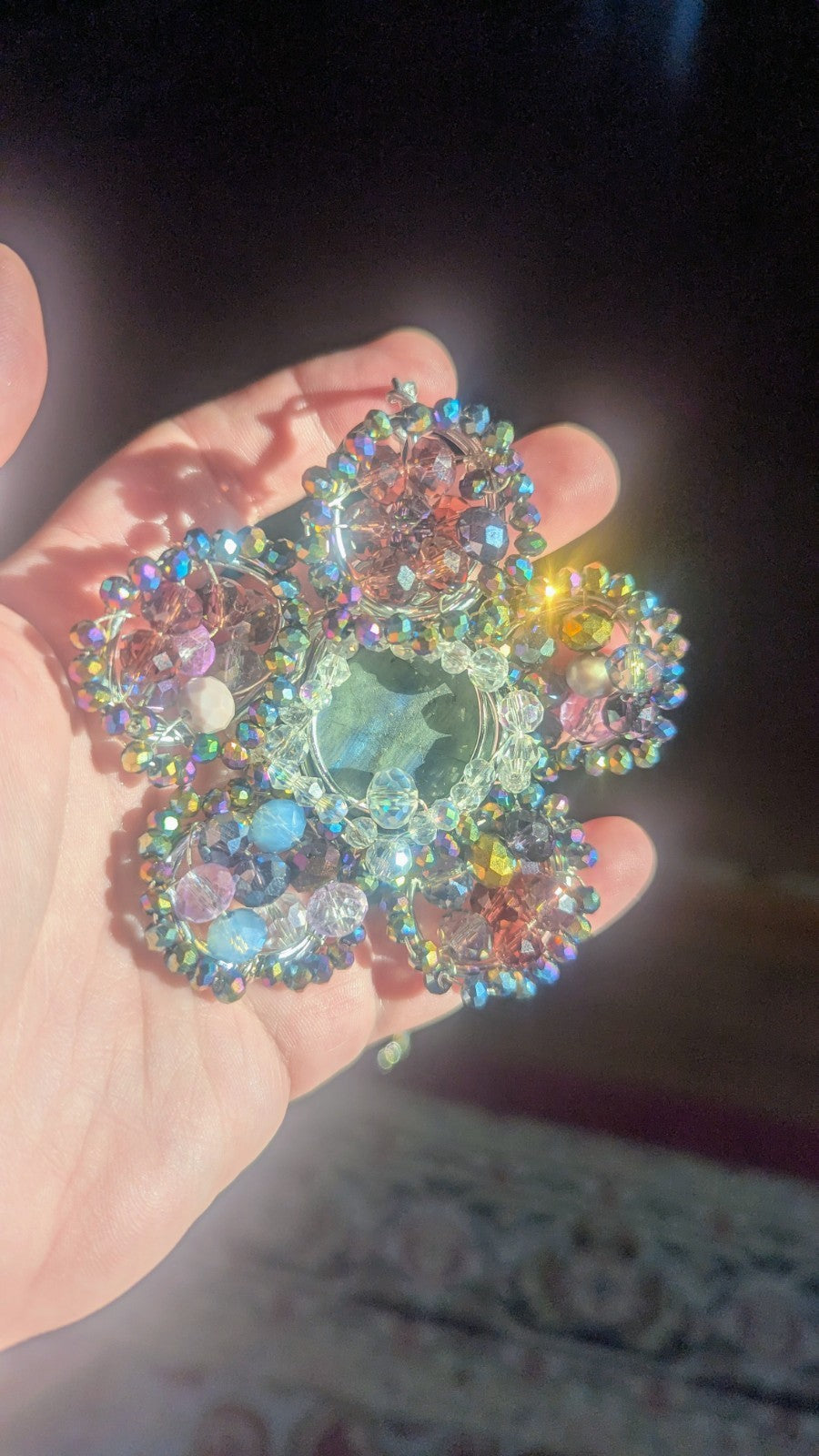 Labradorite Druzy Flower Necklace, Statement, Shines, Wirewrapped, Glass Beads