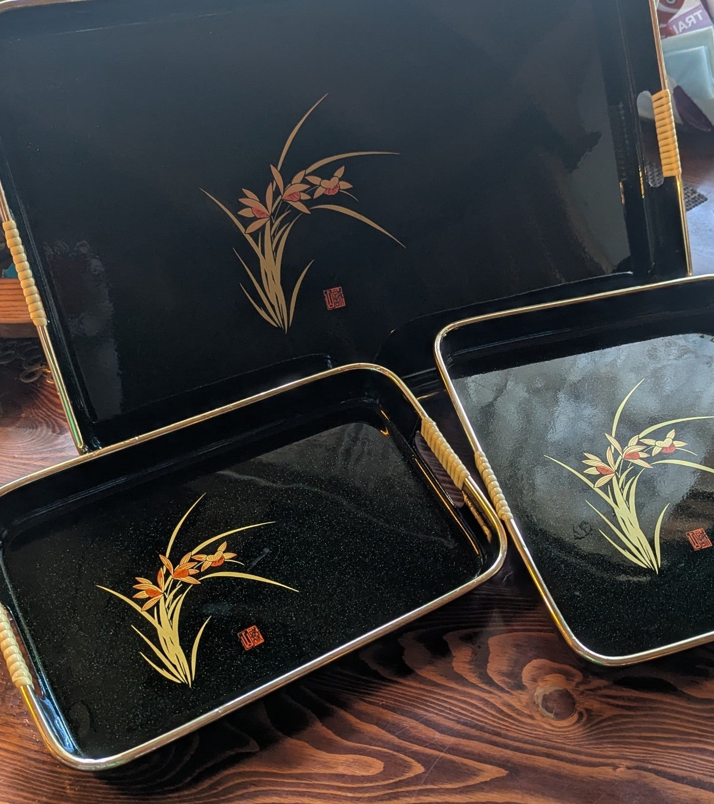 Three Vintage Oriental Style Serving Trays, Beautiful Green
