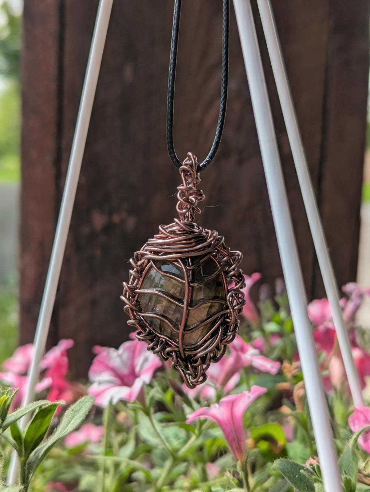 Shining Handcrafted Labradorite Leaf Wirewrapped Necklace | Crystal Arborist