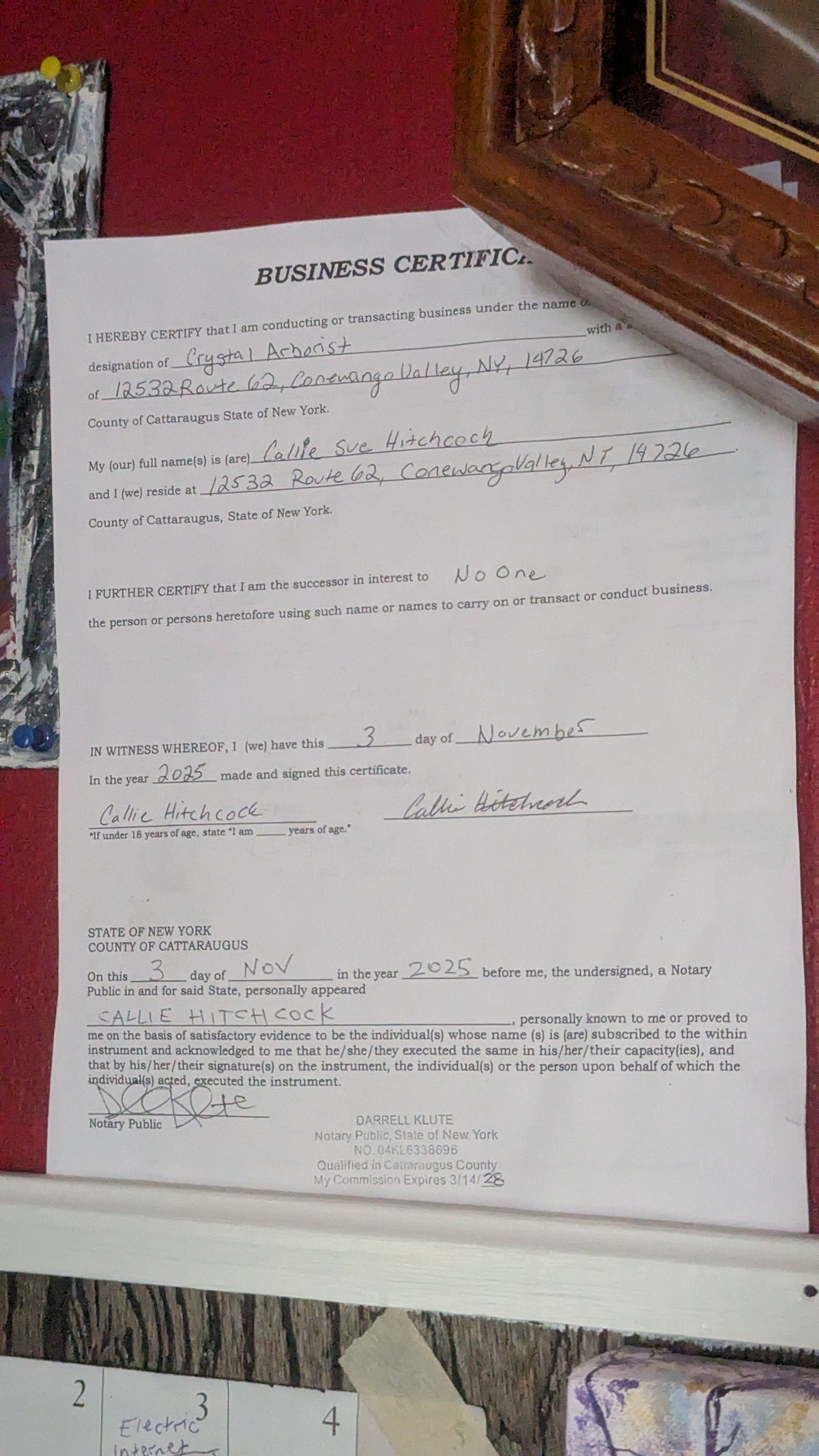 DBA For Crystal Arborist. Business Certificate from Catteraugus County