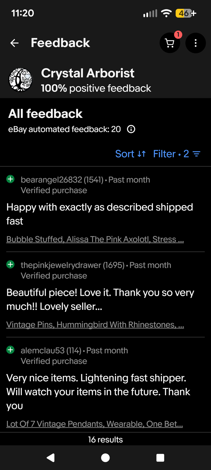 [21]  bearangel26832- Happy with exactly as described shipped fast | [22] thepinkjewelrydrawer- Beautiful piece! Love it. Thank you so very much!! Lovely seller... | [23] alemclau53- Very nice items. Lightening fast shipper. Will watch your items in the future. Thank you