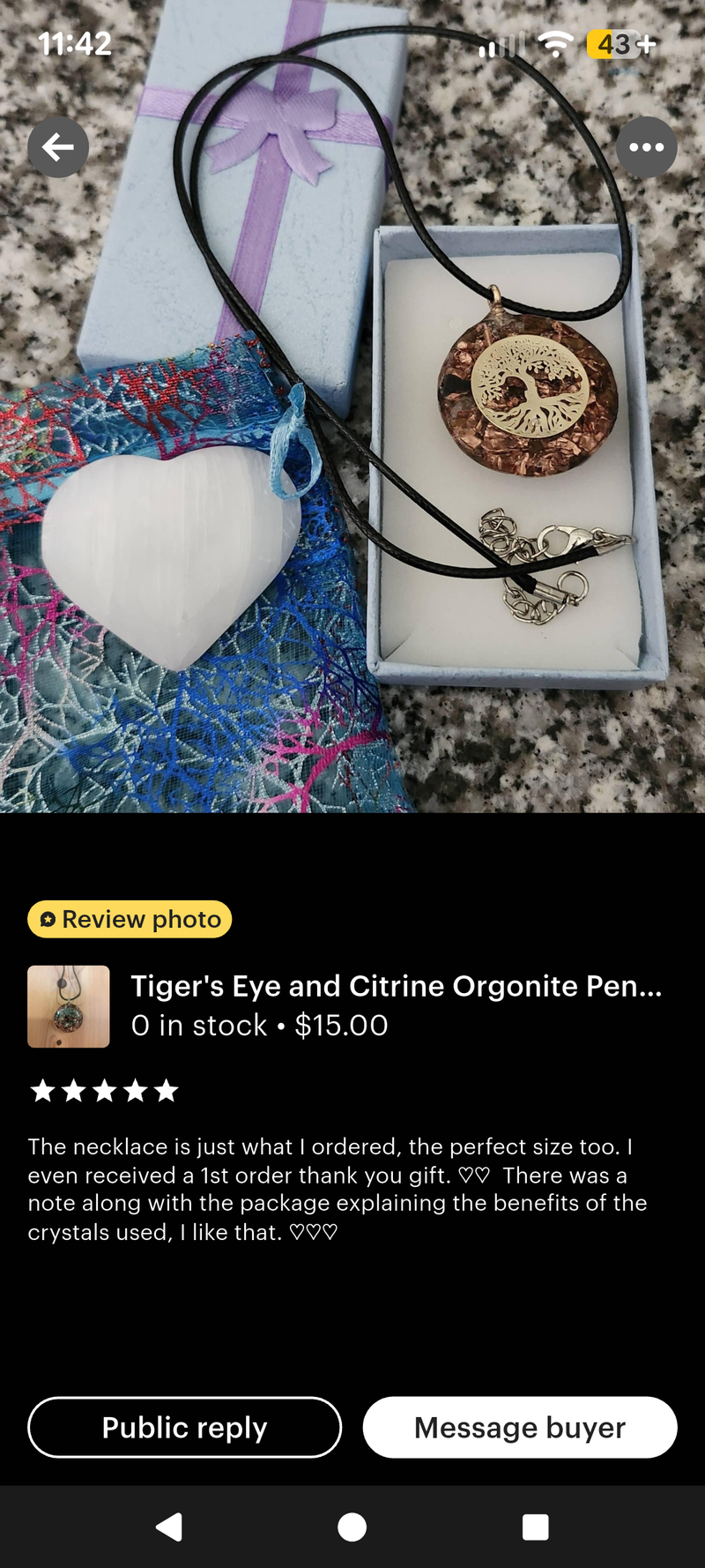 [1 ] Ayla 04/03/26- The necklace is just what I ordered, the perfect size too. I also received a 1st order thank you gift. ♡♡ There was a note in the package explaining the benefits of the crystals used, I like that. ♡♡♡