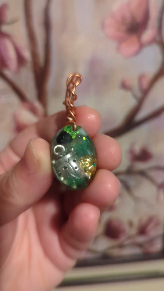 Green Aventurine, Amazonite, and Obsidian Orgonite Pendant, Lady Bug