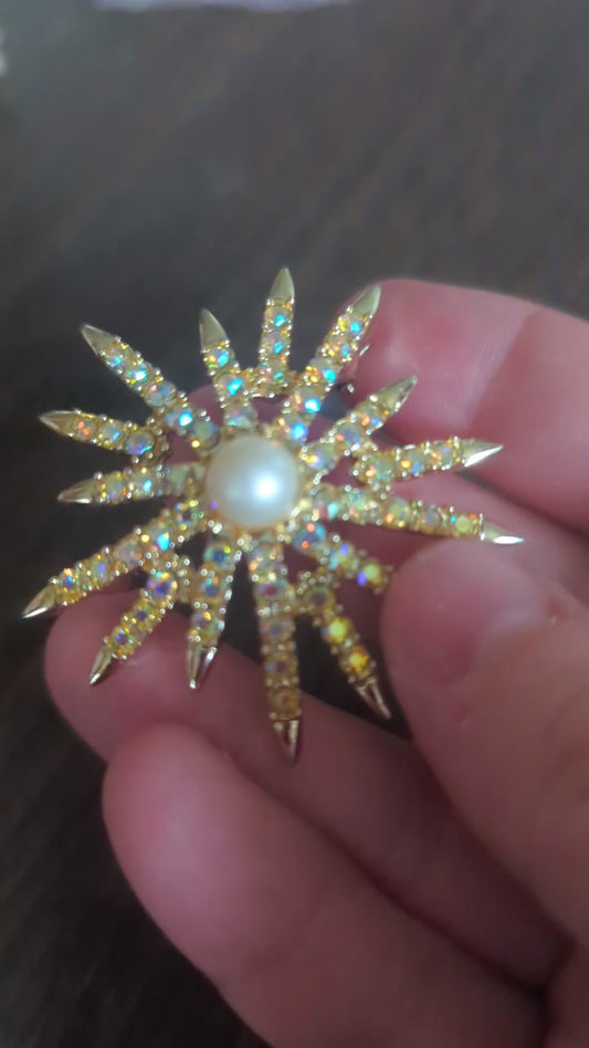 Gold Tone Vintage Pin, Star/ Sun, With Rainbow Rhinestones and Pearl in the Center