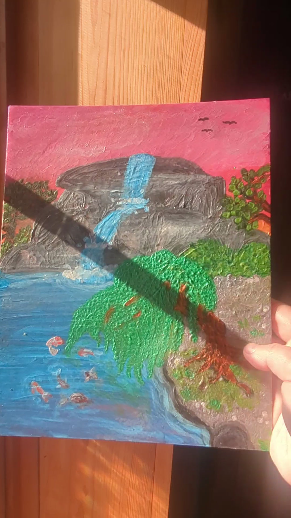 Waterfall, Willow, and Koi Fish Painting, Hand Painted, Metallic Paint