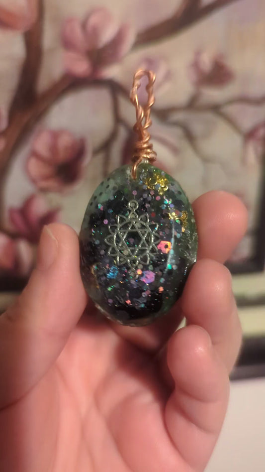 Green Aventurine, Amazonite, & Obsidian Orgonite Pendant, Star of David