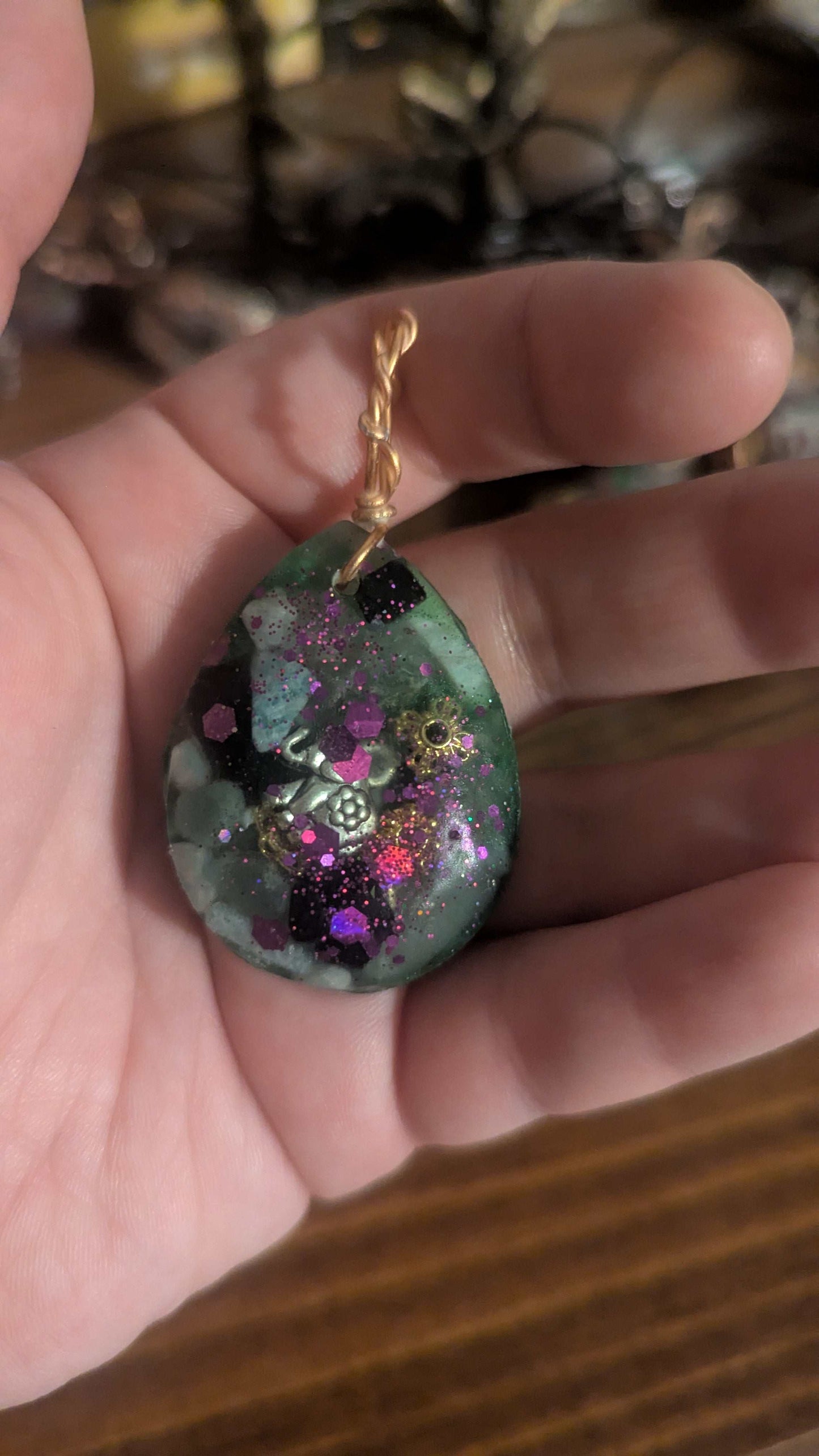 Green Aventurine, Amazonite, & Obsidian Orgonite Pendant, Elephant | Crystal Arborist