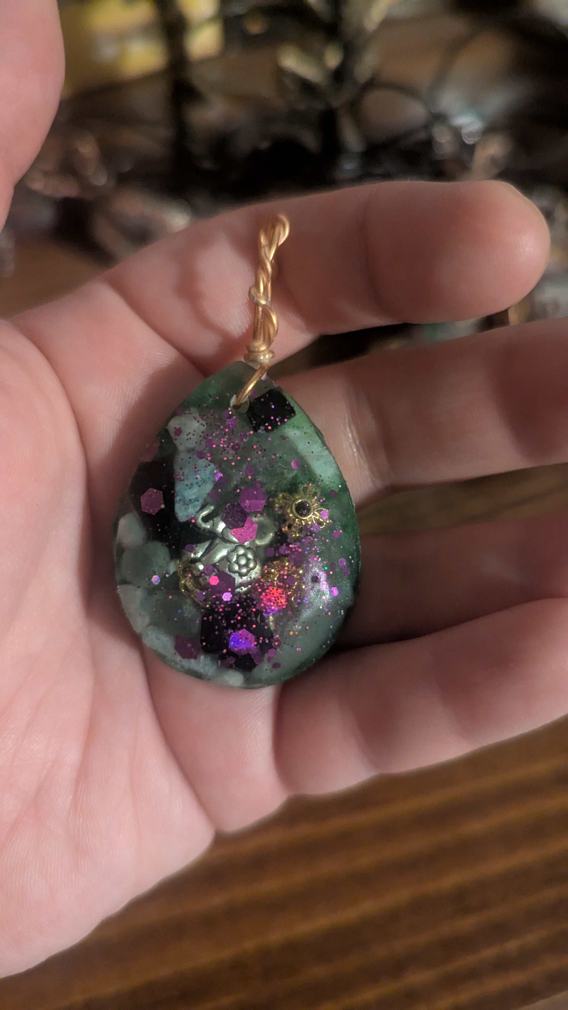 Green Aventurine, Amazonite, & Obsidian Orgonite Pendant, Elephant | Crystal Arborist