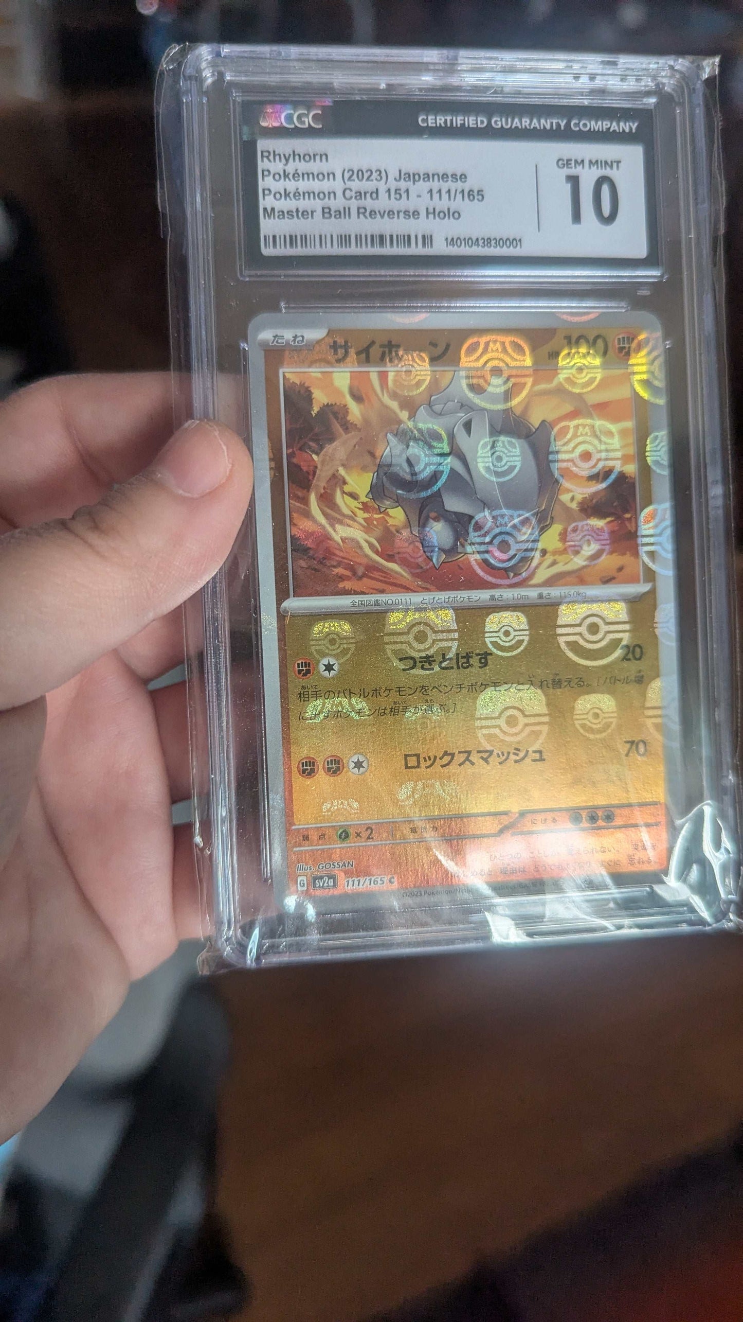 CGC 10 Rhyhorn, Pokemon (2023) Japanese Card, 151 - 111/165, Masterball Reverse Holo | Crystal Arborist