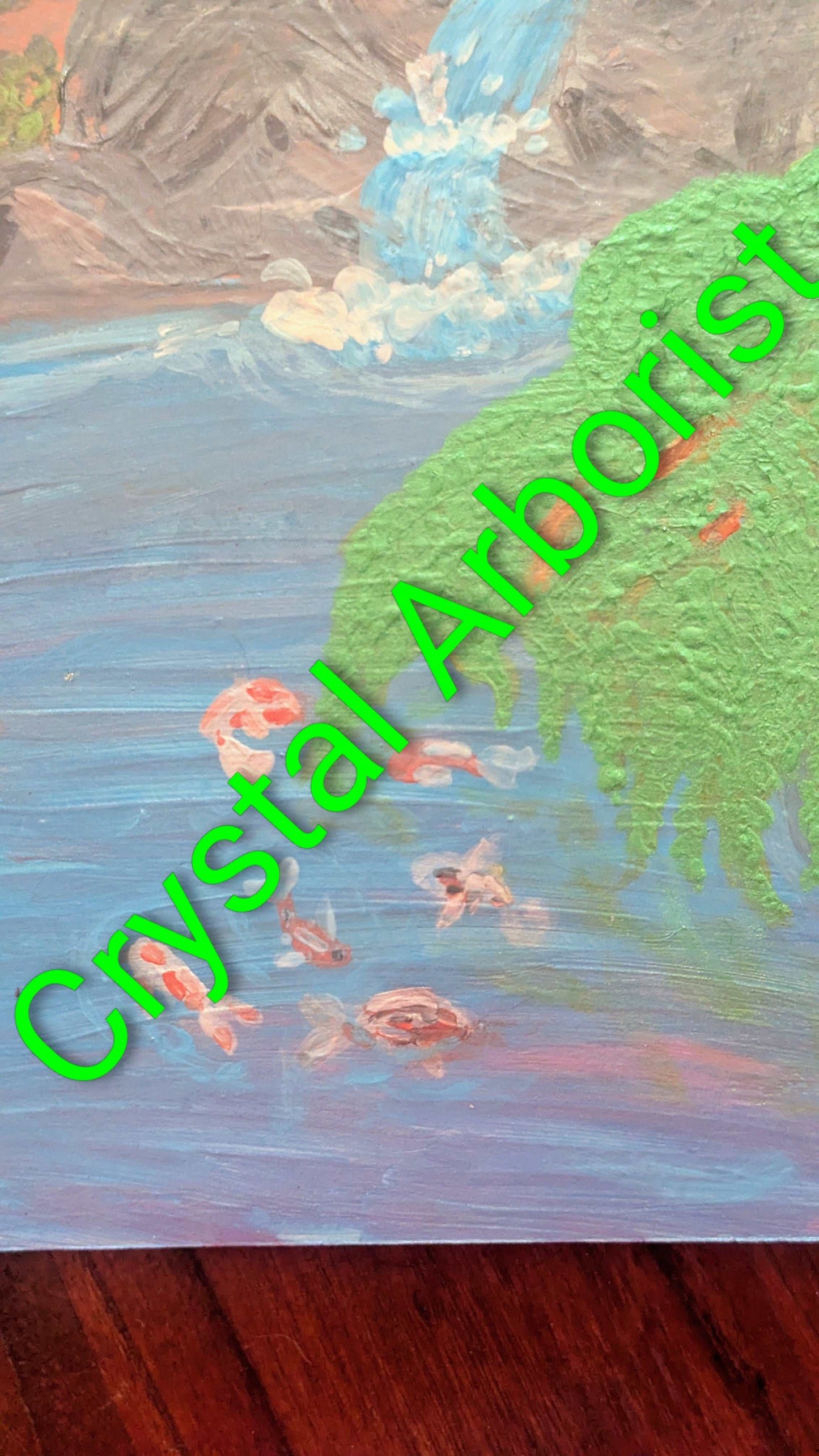 Waterfall, Willow, and Koi Fish Painting, Hand Painted, Metallic Paint | Crystal Arborist