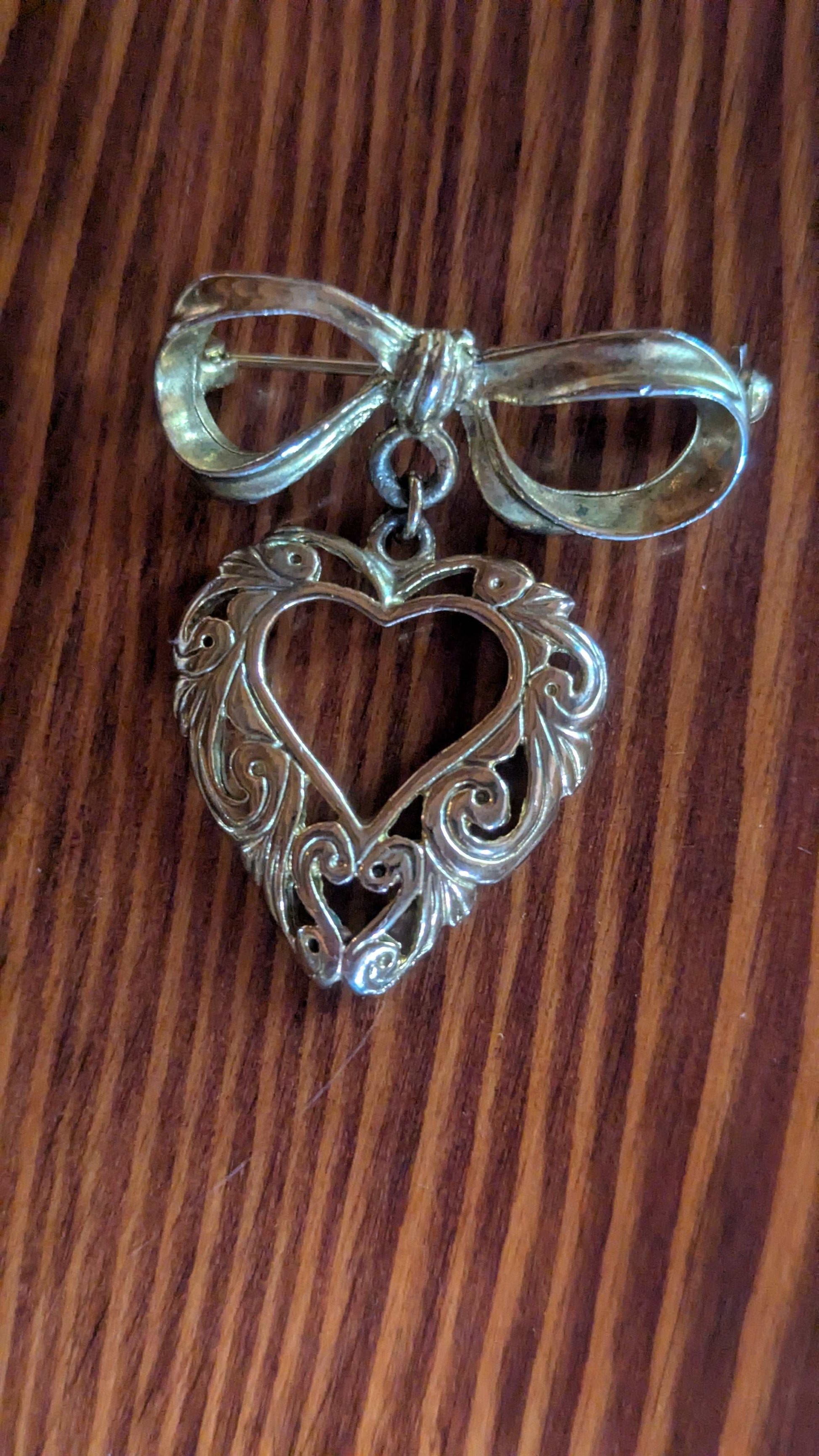 Gold Vintage Pin, Ribbon and Heart-Shaped Design | Crystal Arborist