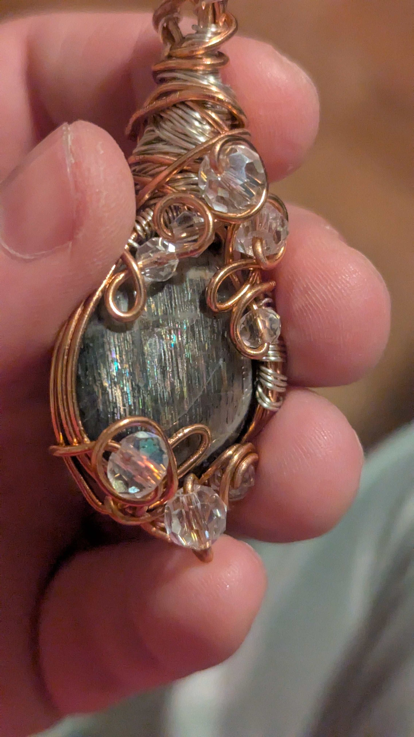 Rainbow Lattice Sunstone, Wirewrapped with Glass Beads | Crystal Arborist