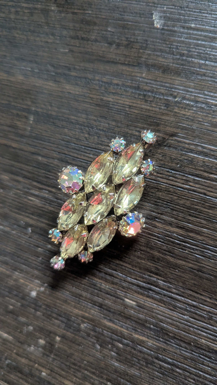 Radiant Vintage Pin with Light Green and Rainbow Colored Rhinestones, Wearable | Crystal Arborist