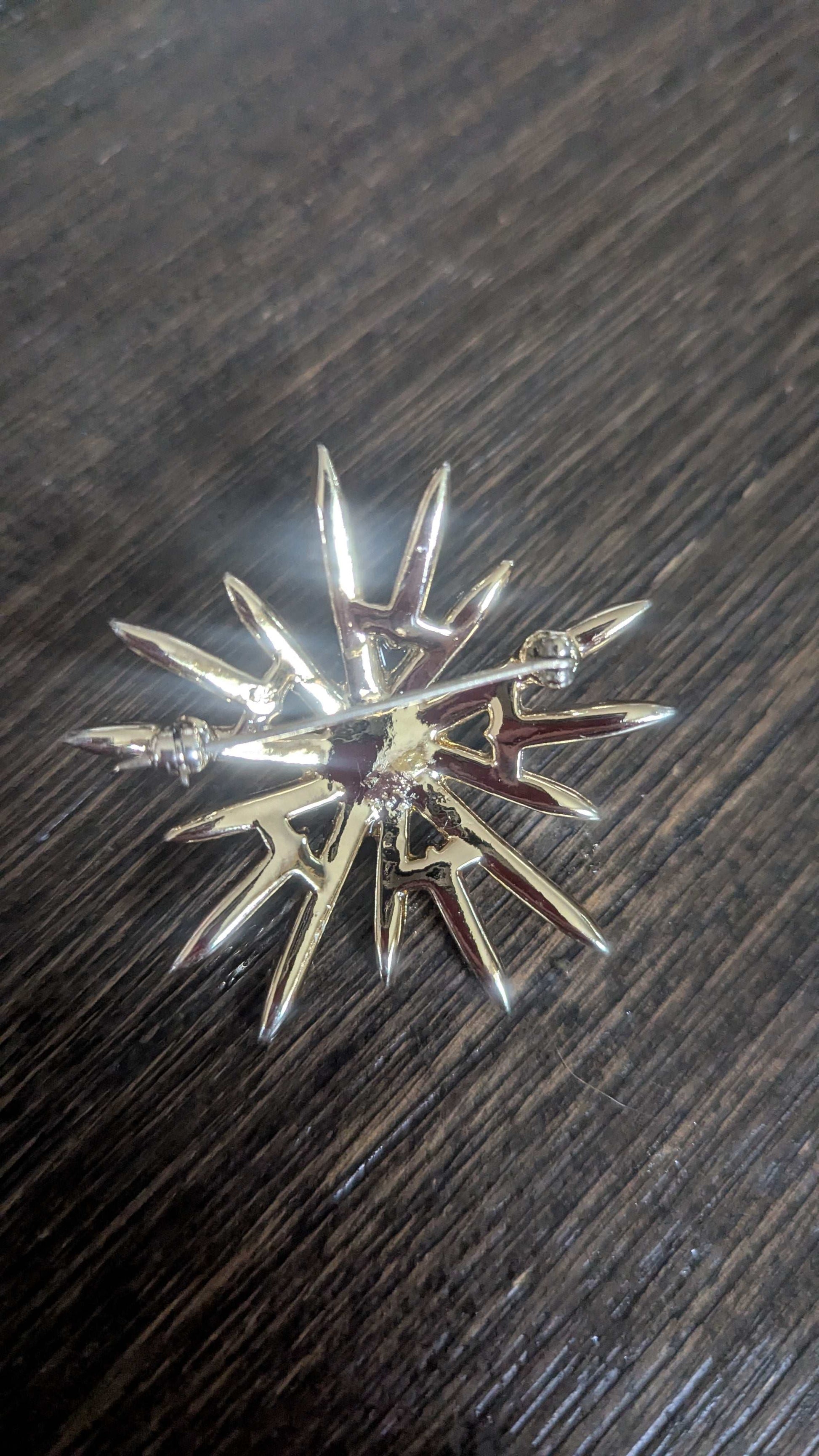 Gold Tone Vintage Pin, Star/ Sun, With Rainbow Rhinestones and Pearl in the Center | Crystal Arborist