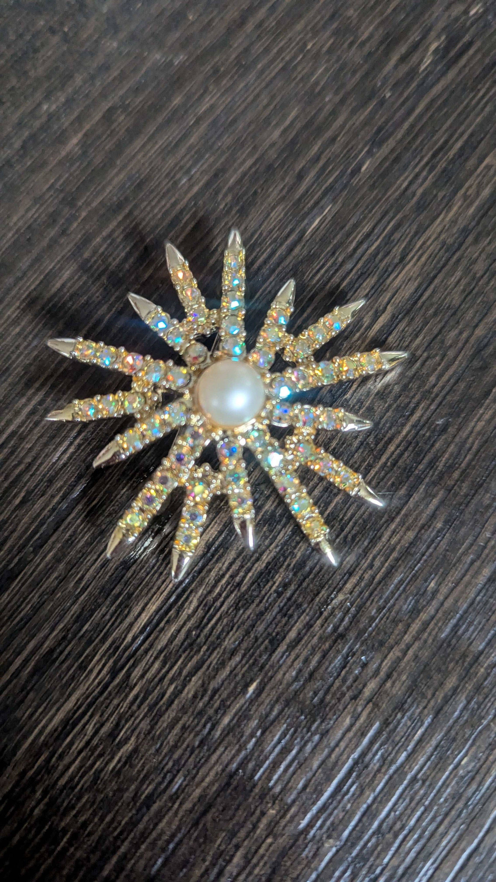 Gold Tone Vintage Pin, Star/ Sun, With Rainbow Rhinestones and Pearl in the Center | Crystal Arborist