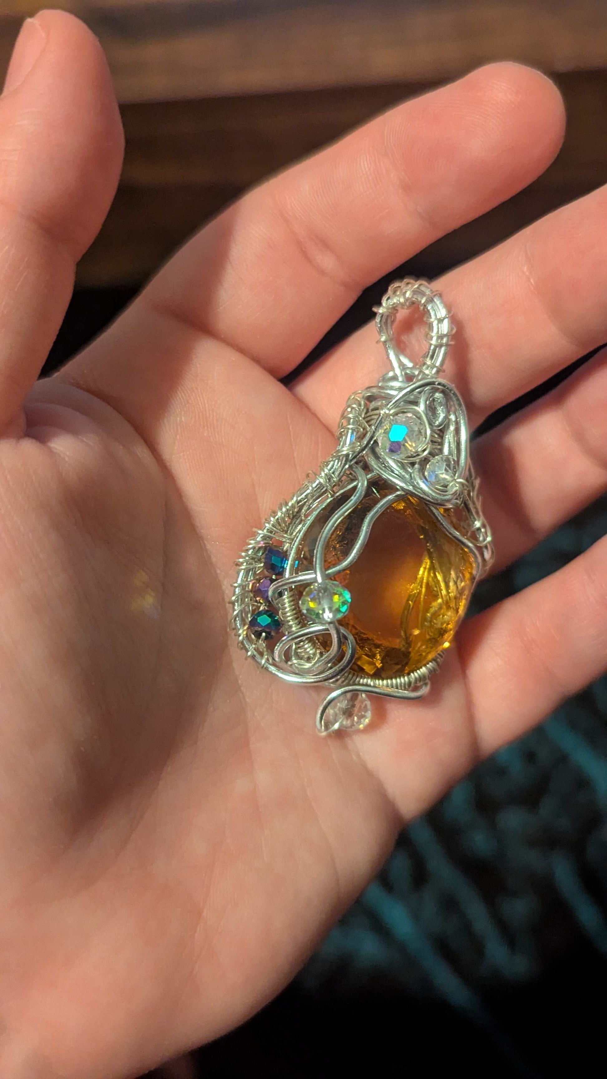 Citrine Wirewrapped Necklace Pendant, 50.90 Carats, With Glass Beads | Crystal Arborist