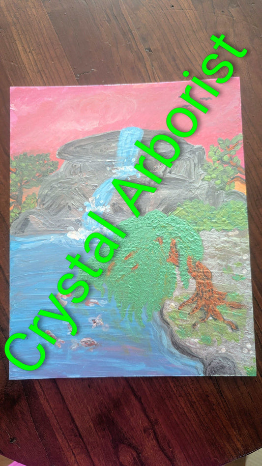 Waterfall, Willow, and Koi Fish Painting, Hand Painted, Metallic Paint | Crystal Arborist