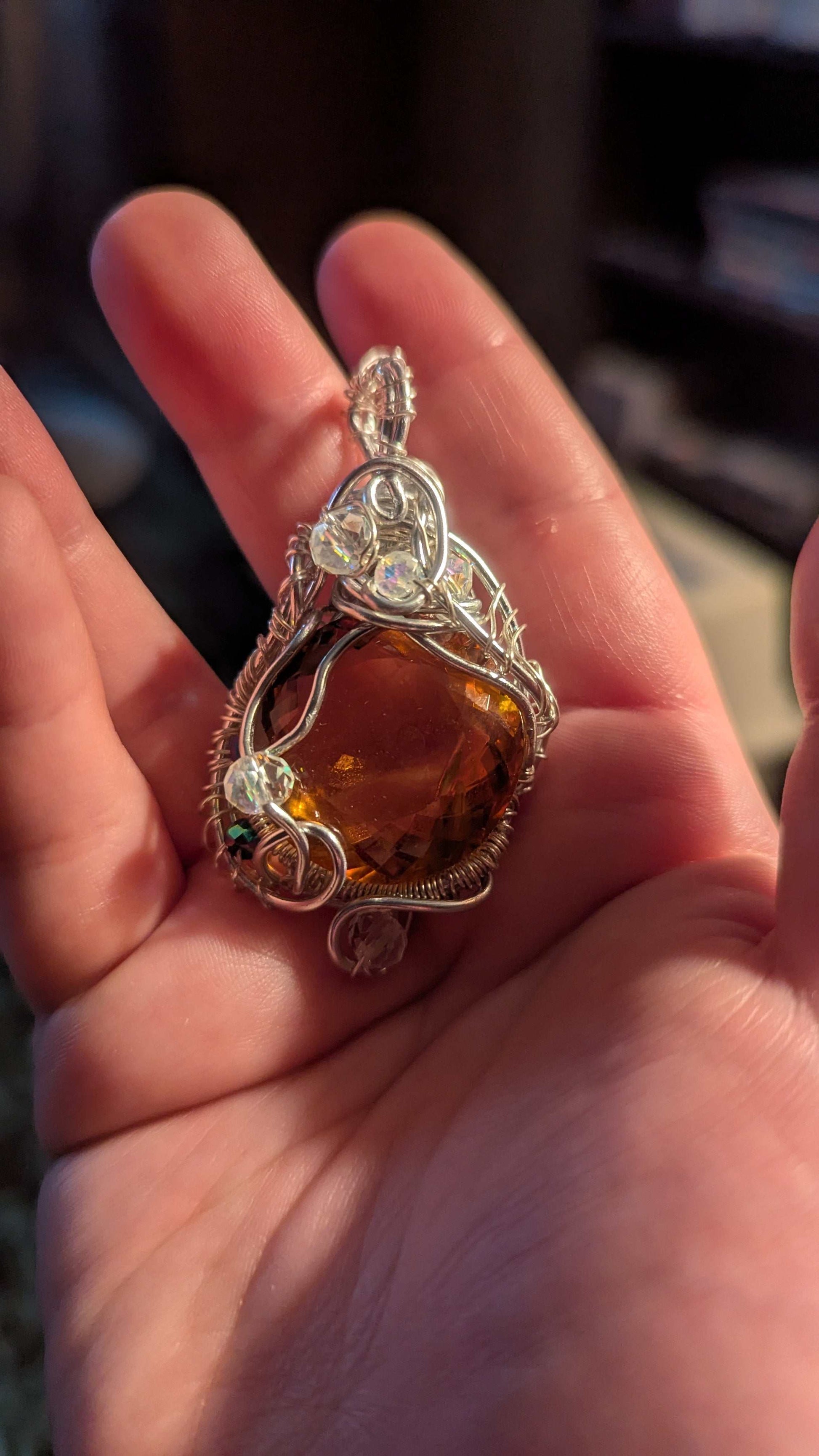 Citrine Wirewrapped Necklace Pendant, 50.90 Carats, With Glass Beads | Crystal Arborist