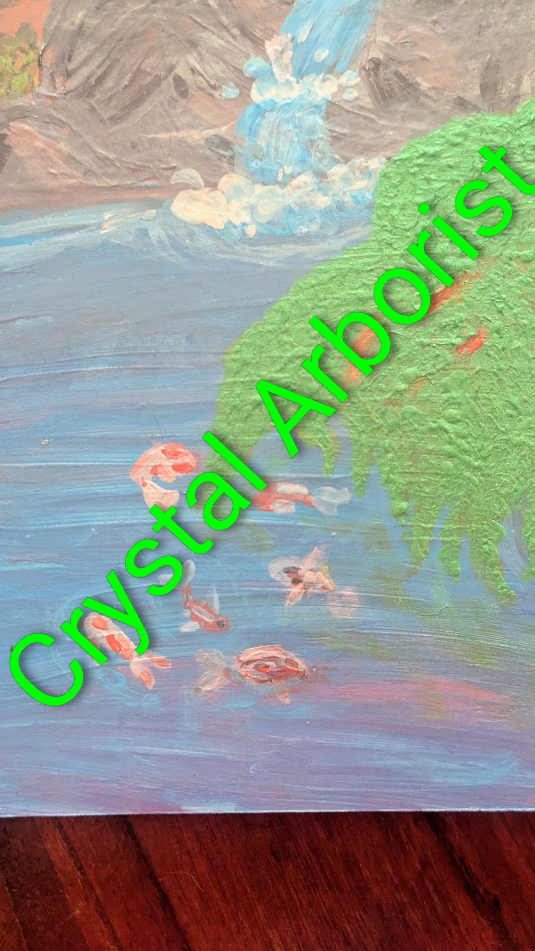 Waterfall, Willow, and Koi Fish Painting, Hand Painted, Metallic Paint - Crystal Arborist