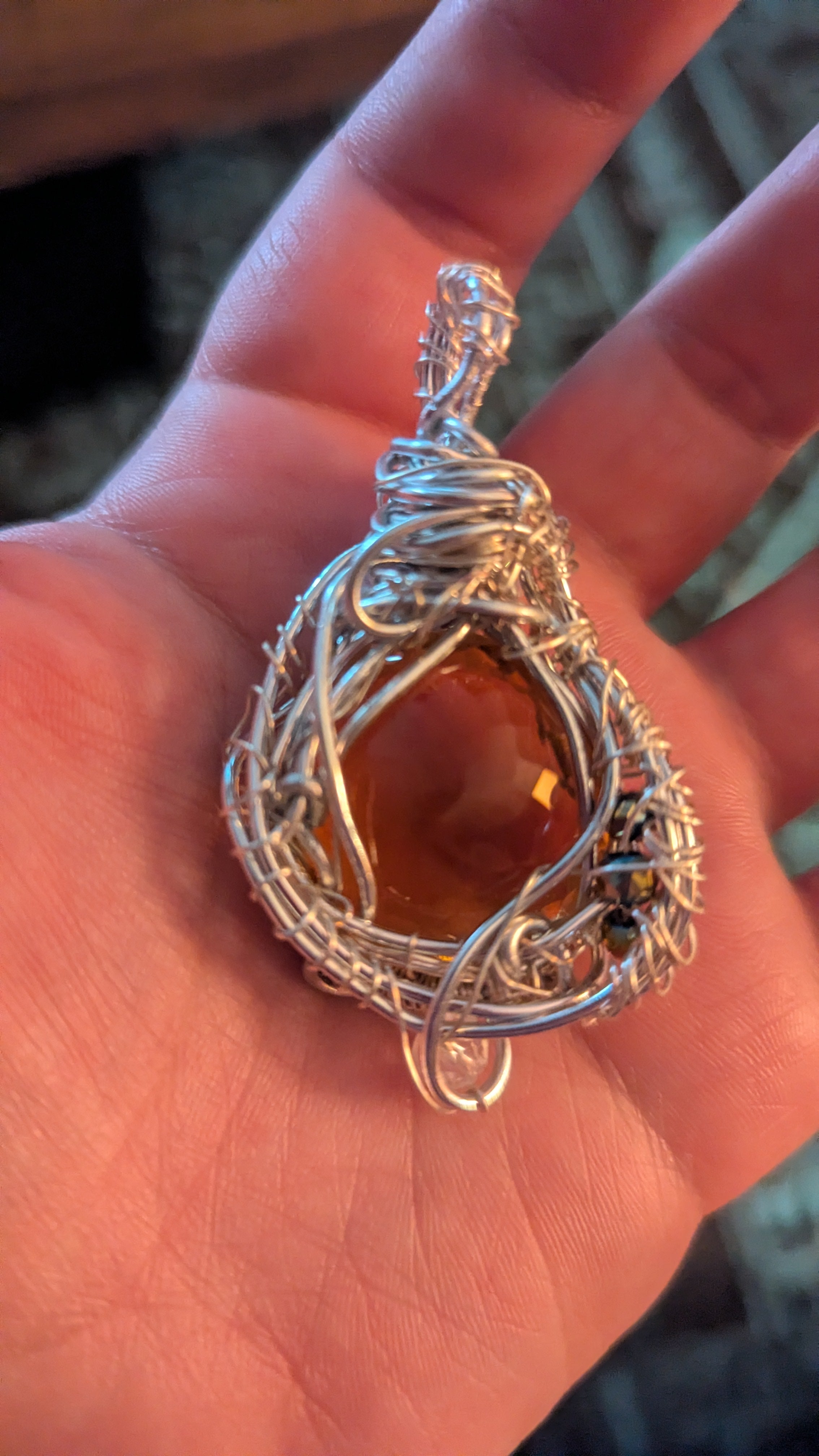 Citrine Wirewrapped Necklace Pendant, 50.90 Carats, With Glass Beads - Crystal Arborist