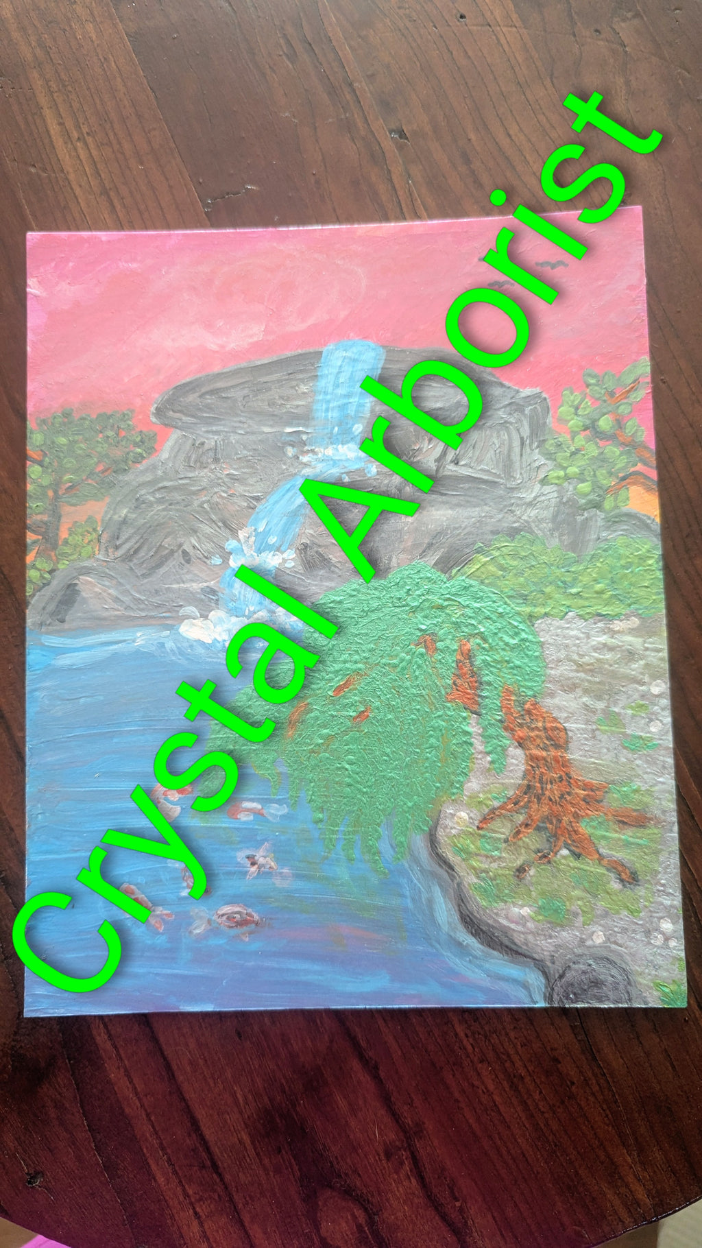 Waterfall, Willow, and Koi Fish Painting, Hand Painted, Metallic Paint - Crystal Arborist